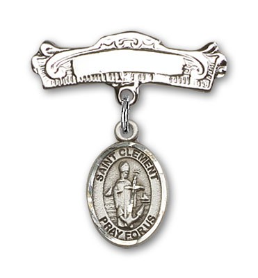 Pin Badge with St. Clement Charm and Arched Polished Engravable Badge Pin - Silver tone