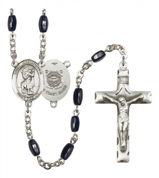Men's St. Christopher Coast Guard Silver Plated Rosary - Black | Silver