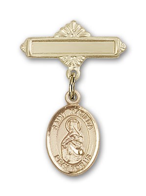 Pin Badge with St. Matilda Charm and Polished Engravable Badge Pin - 14K Solid Gold
