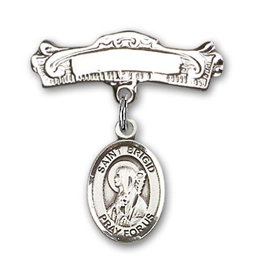 Pin Badge with St. Brigid of Ireland Charm and Arched Polished Engravable Badge Pin - Silver tone