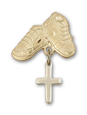 Baby Pin with Cross Charm and Baby Boots Pin - 14K Solid Gold