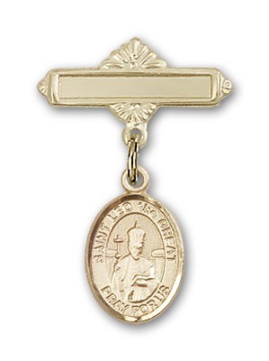Pin Badge with St. Leo the Great Charm and Polished Engravable Badge Pin - 14K Solid Gold