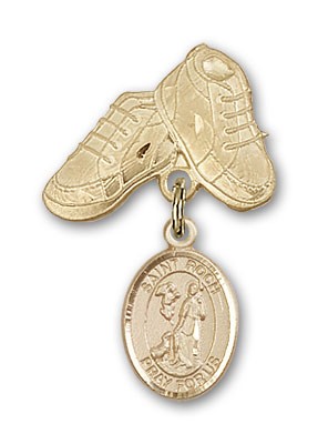 Pin Badge with St. Roch Charm and Baby Boots Pin - Gold Tone