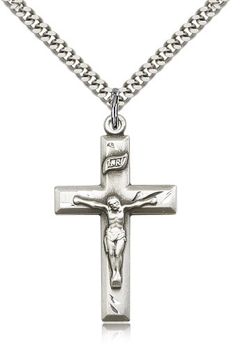 Classic Block Style Crucifix Medal - Sterling Silver