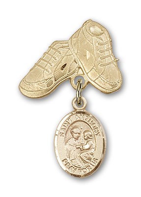 Pin Badge with St. Anthony of Padua Charm and Baby Boots Pin - 14K Solid Gold