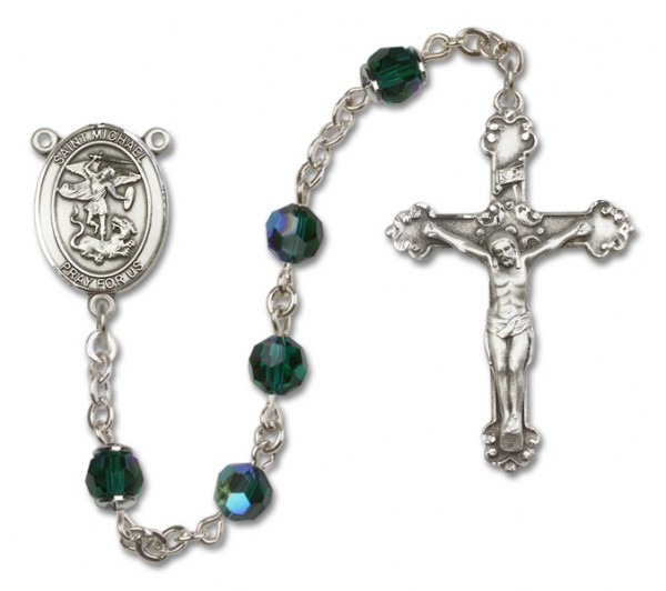 San Miguel the Archangel Sterling Silver Heirloom Rosary Fancy Crucifix - Emerald Green