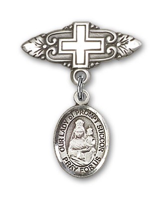 Pin Badge with Our Lady of Prompt Succor Charm and Badge Pin with Cross - Silver tone