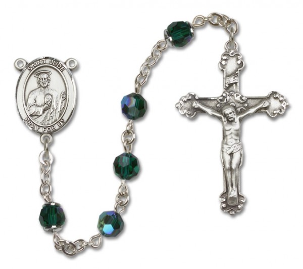 St. Jude Thaddeus Sterling Silver Heirloom Rosary Fancy Crucifix - Emerald Green