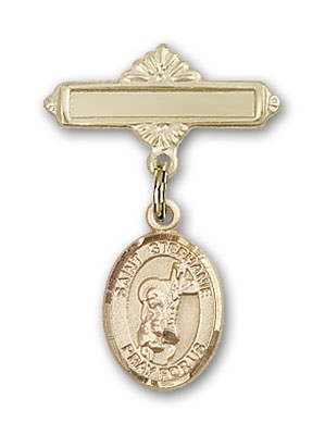 Pin Badge with St. Stephanie Charm and Polished Engravable Badge Pin - Gold Tone