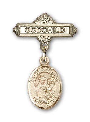 Pin Badge with St. Anthony of Padua Charm and Godchild Badge Pin - Gold Tone