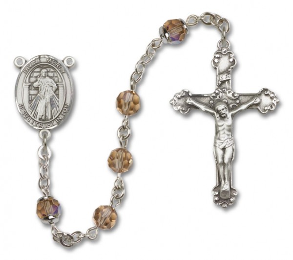 Divine Mercy Sterling Silver Heirloom Rosary Fancy Crucifix - Topaz