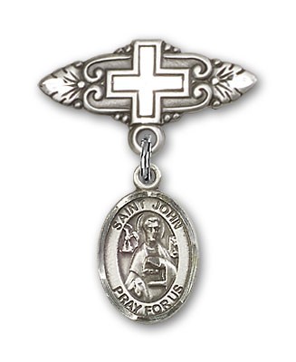 Pin Badge with St. John the Apostle Charm and Badge Pin with Cross - Silver tone