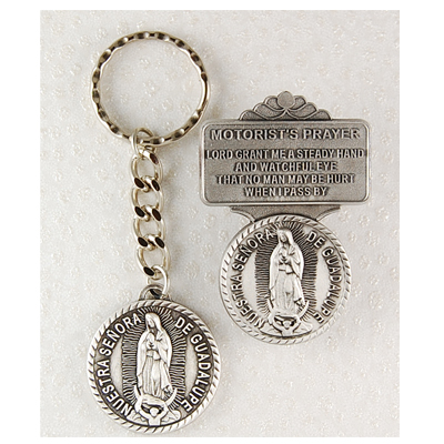 Our Lady of Guadalupe Matching Key Ring and Visor Clip Set - Silver