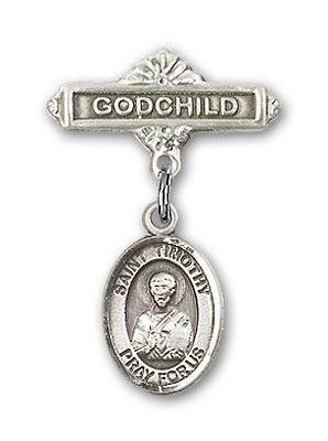 Pin Badge with St. Timothy Charm and Godchild Badge Pin - Silver tone
