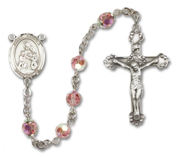 St. Angela Merici Sterling Silver Heirloom Rosary Fancy Crucifix - Light Rose