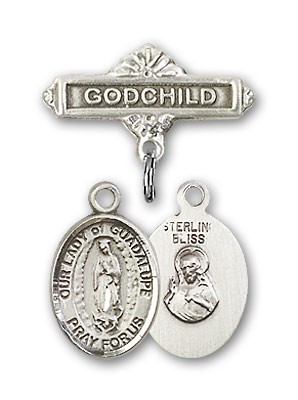 Baby Badge with Our Lady of Guadalupe Charm and Godchild Badge Pin - Silver tone