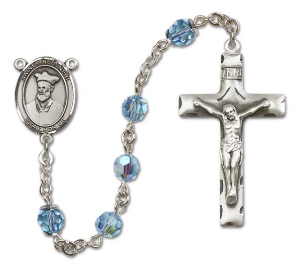St. Philip Neri Sterling Silver Heirloom Rosary Squared Crucifix - Aqua