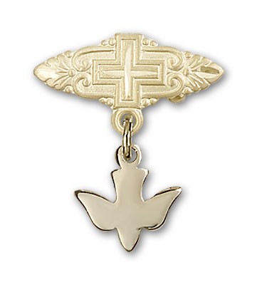 Pin with Holy Spirit Charm and Badge Pin with Cross - Gold Tone