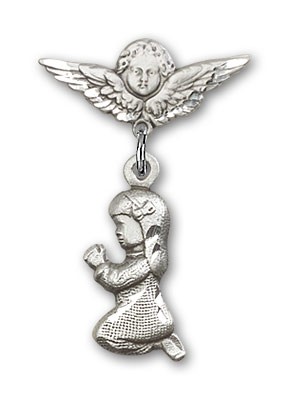 Baby Pin with Praying Girl Charm and Angel with Smaller Wings Badge Pin - Silver tone