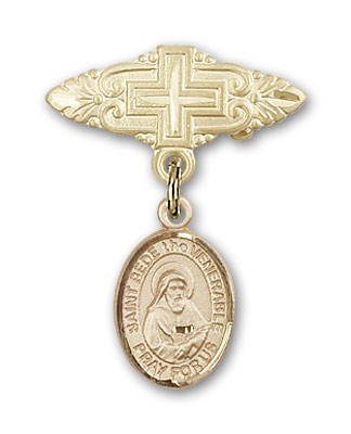 Pin Badge with St. Bede the Venerable Charm and Badge Pin with Cross - Gold Tone