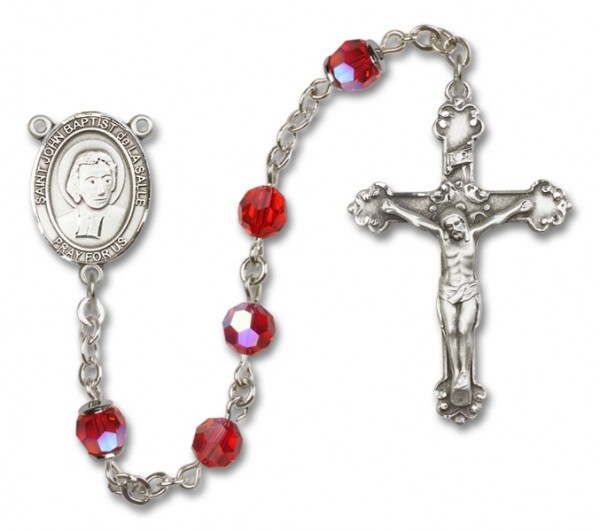 St. John Baptist de la Salle Sterling Silver Heirloom Rosary Fancy Crucifix - Ruby Red