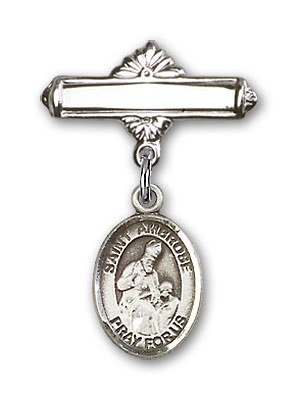 Pin Badge with St. Ambrose Charm and Polished Engravable Badge Pin - Silver tone