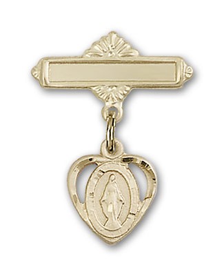 Pin Badge with Miraculous Charm and Polished Engravable Badge Pin - 14K Solid Gold