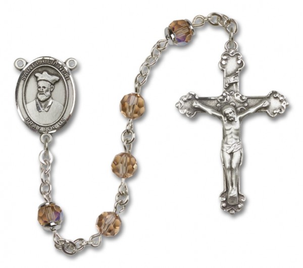 St. Philip Neri Sterling Silver Heirloom Rosary Fancy Crucifix - Topaz