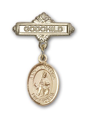 Pin Badge with St. Dymphna Charm and Godchild Badge Pin - Gold Tone