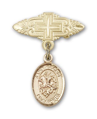 Pin Badge with St. George Charm and Badge Pin with Cross - 14K Solid Gold