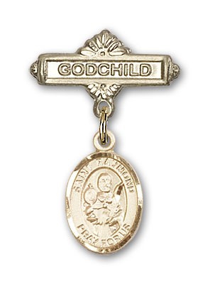 Pin Badge with St. Raymond Nonnatus Charm and Godchild Badge Pin - Gold Tone