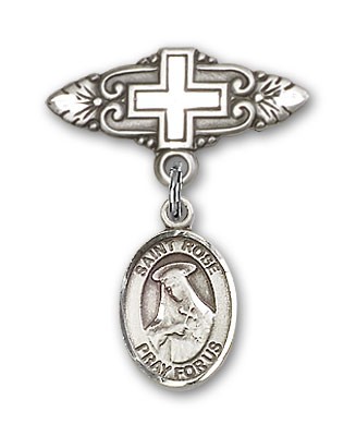 Pin Badge with St. Rose of Lima Charm and Badge Pin with Cross - Silver tone