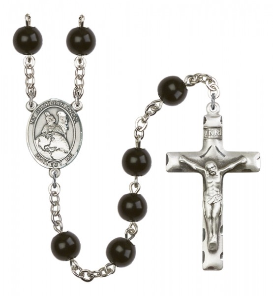 Men's Guardian Angel Protector Silver Plated Rosary - Black