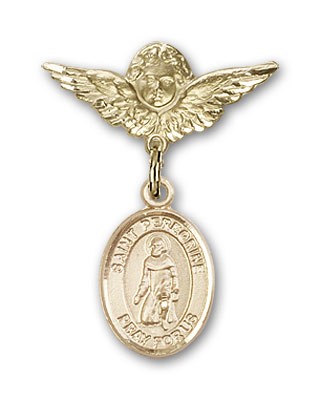 Pin Badge with St. Peregrine Laziosi Charm and Angel with Smaller Wings Badge Pin - 14K Solid Gold