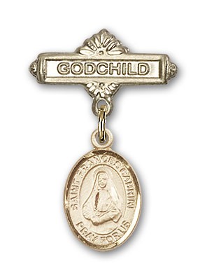 Pin Badge with St. Frances Cabrini Charm and Godchild Badge Pin - 14K Solid Gold