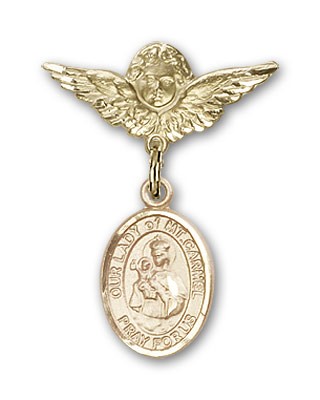 Pin Badge with Our Lady of Mount Carmel Charm and Angel with Smaller Wings Badge Pin - 14K Solid Gold