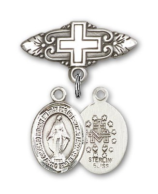Pin Badge with Miraculous Charm and Badge Pin with Cross - Silver tone