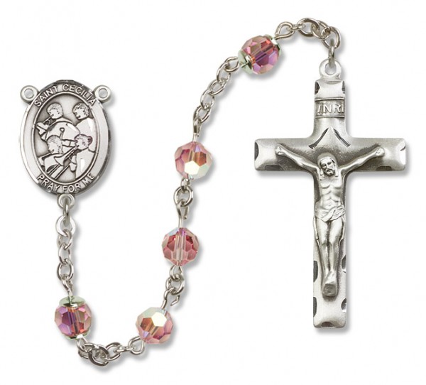 St. Cecilia with Marching Band Sterling Silver Heirloom Rosary Squared Crucifix - Light Rose