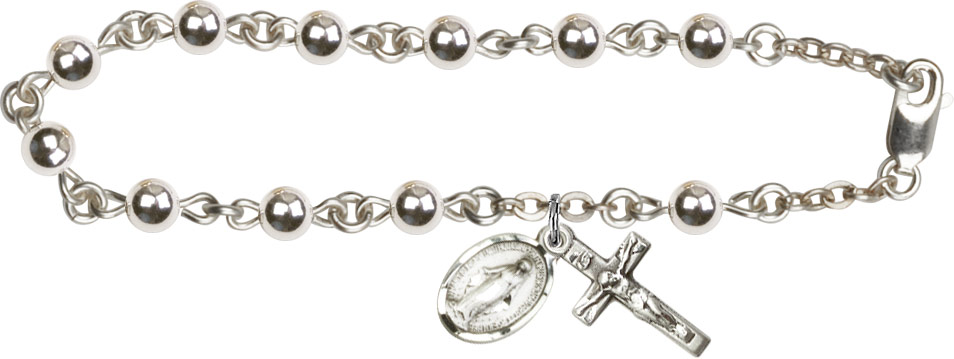 Women's Miraculous Medal Crucifix Pendant Rosary Bracelet - Sterling Silver