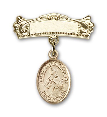 Pin Badge with St. Maria Goretti Charm and Arched Polished Engravable Badge Pin - 14K Solid Gold