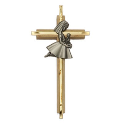 First Communion Girl's Oak and Brass Cross - 7 inch  - Light Brown