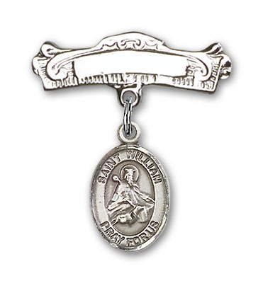Pin Badge with St. William of Rochester Charm and Arched Polished Engravable Badge Pin - Silver tone