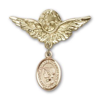 Pin Badge with St. Elizabeth Ann Seton Charm and Angel with Larger Wings Badge Pin - 14K Solid Gold