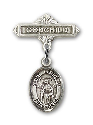 Pin Badge with St. Deborah Charm and Godchild Badge Pin - Silver tone