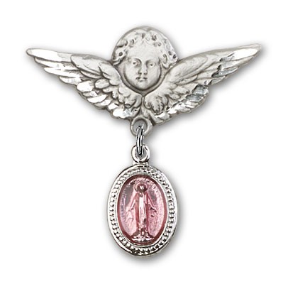 Baby Pin with Pink Miraculous Charm and Angel with Larger Wings Badge Pin - Silver | Pink