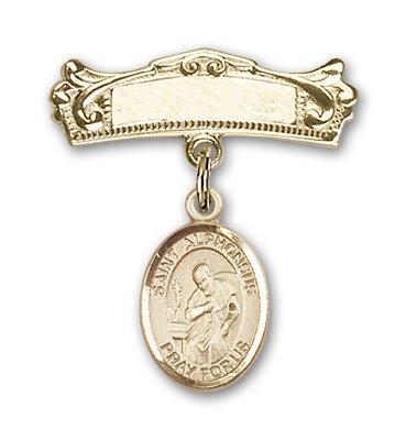 Pin Badge with St. Alphonsus Charm and Arched Polished Engravable Badge Pin - 14K Solid Gold