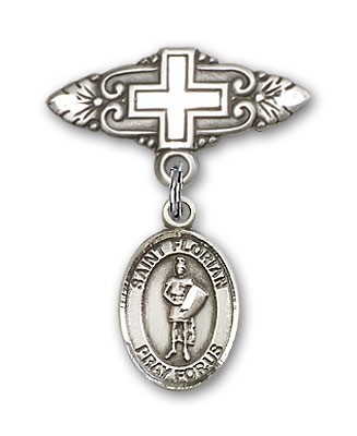 Pin Badge with St. Florian Charm and Badge Pin with Cross - Silver tone