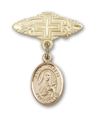 Pin Badge with St. Therese of Lisieux Charm and Badge Pin with Cross - Gold Tone