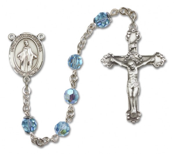 Our Lady of Africa Sterling Silver Heirloom Rosary Fancy Crucifix - Aqua