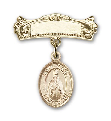 Pin Badge with St. Blaise Charm and Arched Polished Engravable Badge Pin - 14K Solid Gold